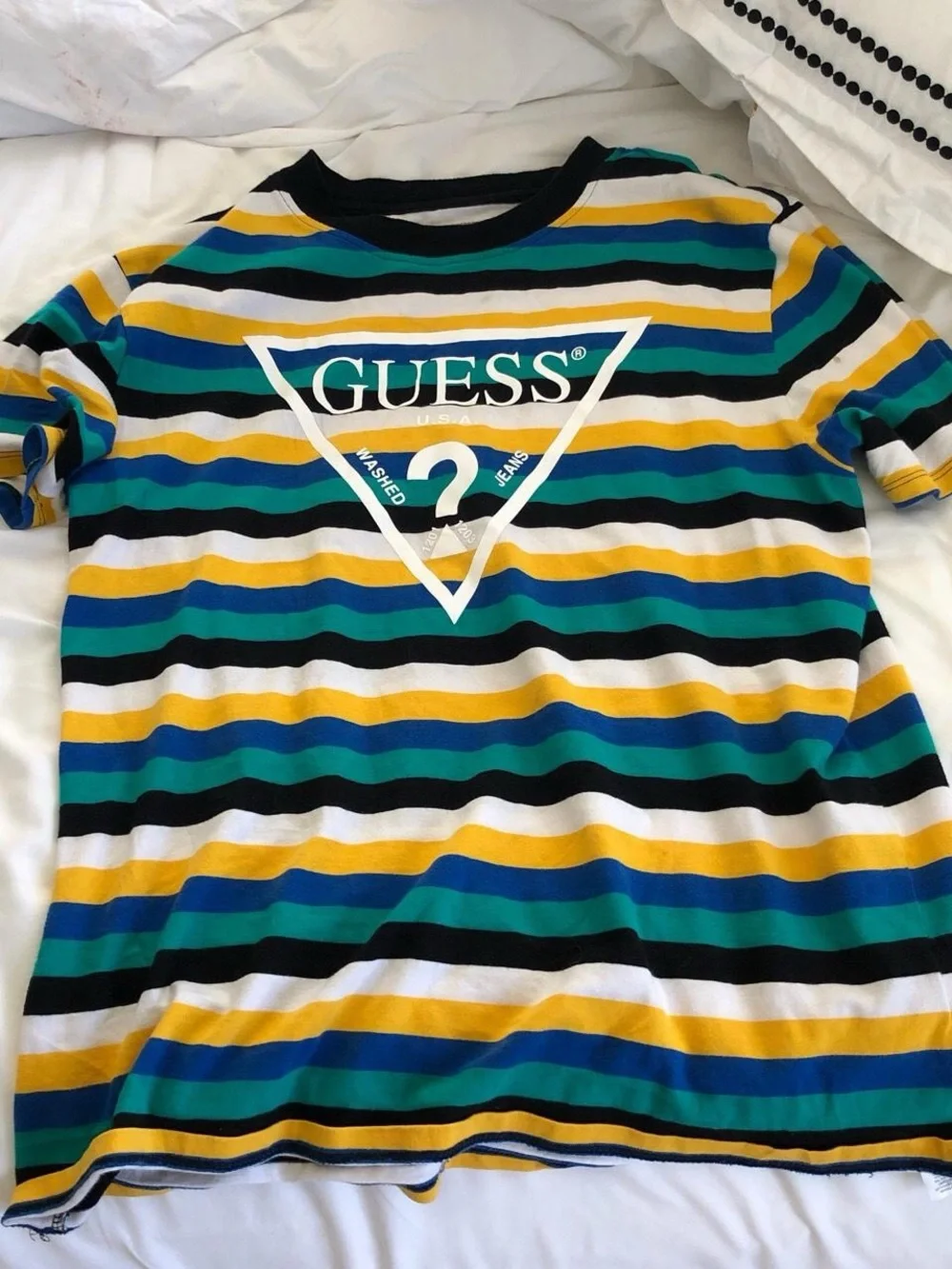 GUESS Striped Logo Tee - Blue/Green/Yellow - Picture 2 of 3
